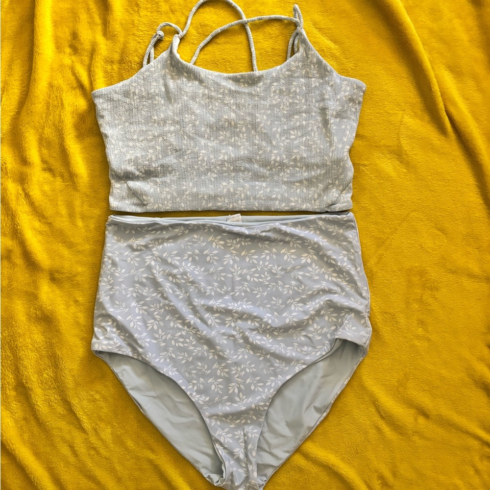 High-Waist Convertible One-Piece Swimsuit in Light Gray Floral